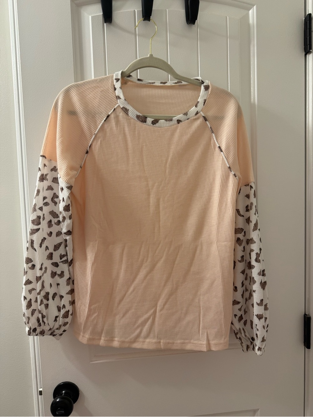 SHEIN Peach Long Sleeve Top with White Leopard Print Sleeves